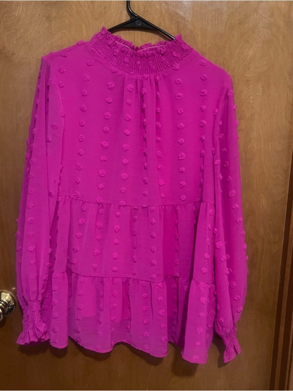 JODIFL Hot Pink Swiss Dot Tiered Peplum Blouse